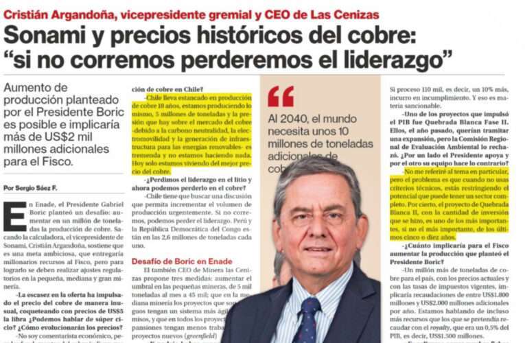 Sonami y precios históricos del cobre: «si no corremos perderemos el liderazgo»